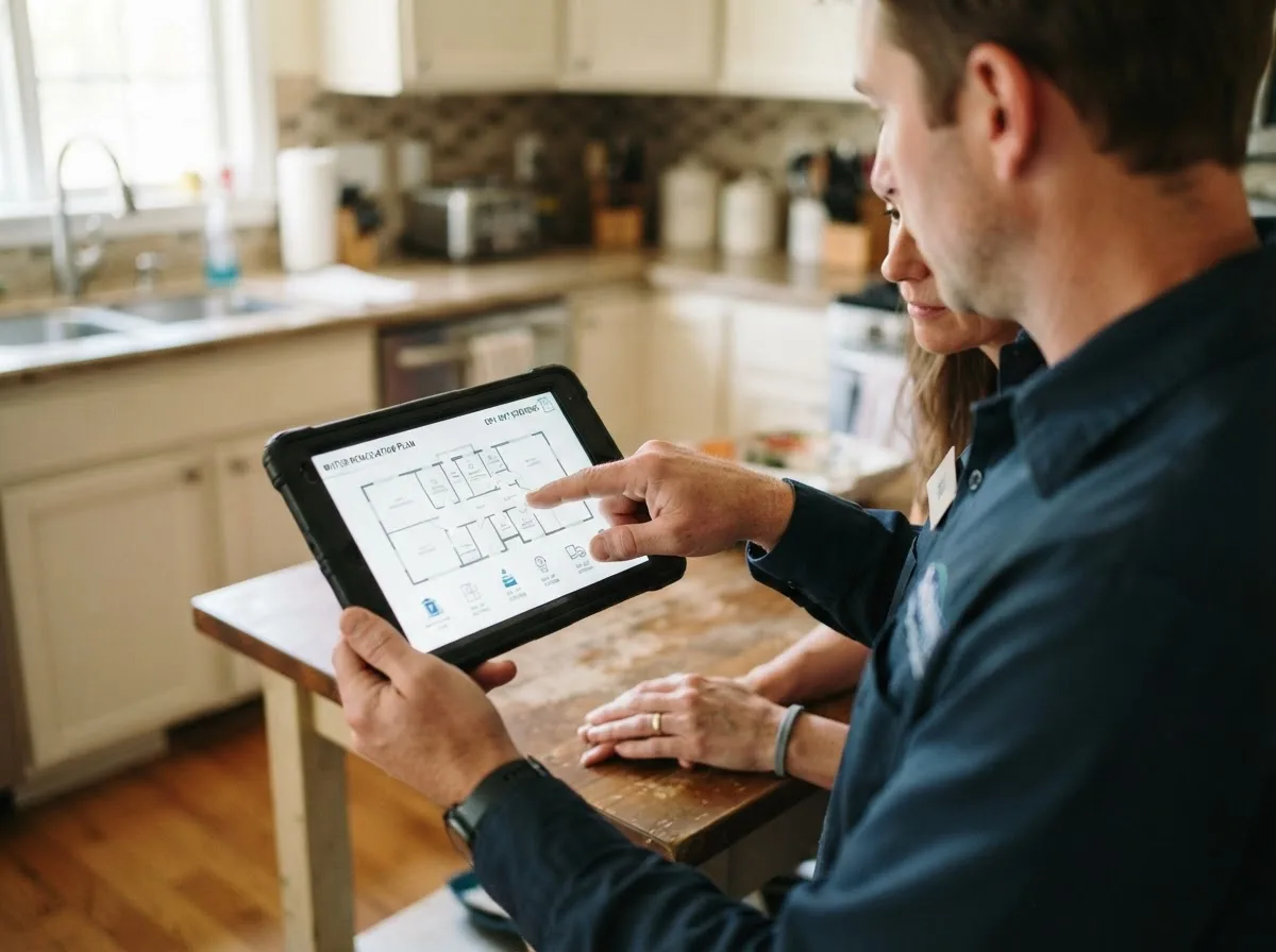 Water damage restoration technician inspecting a home in Washington, AR